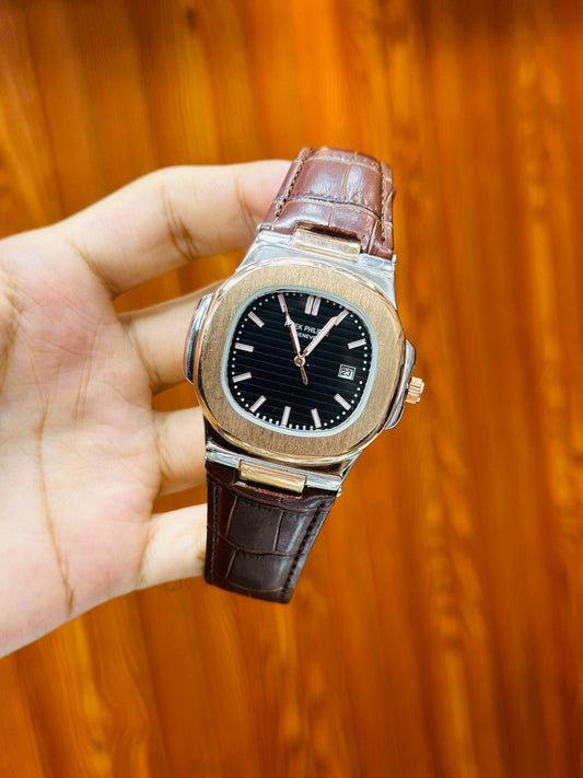 Patek Philippe Nautilus - Two-Tone Black With Leather Strap
