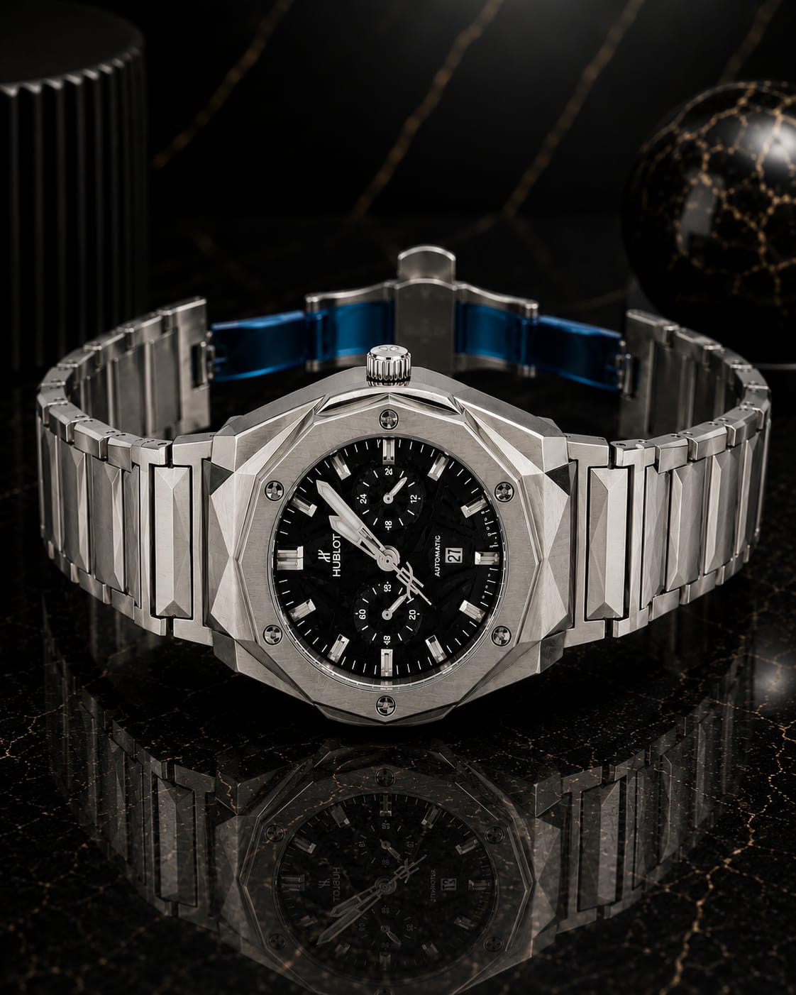 Premium HBLT Semi-Automatic Watch With Silver Chain And Black Dial