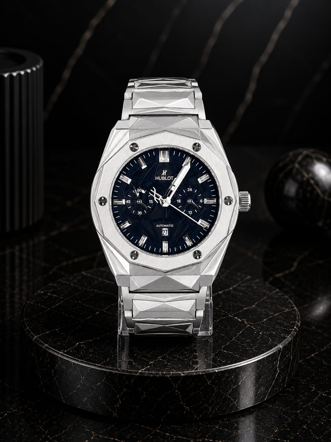Premium HBLT Semi-Automatic Watch With Silver Chain And Black Dial