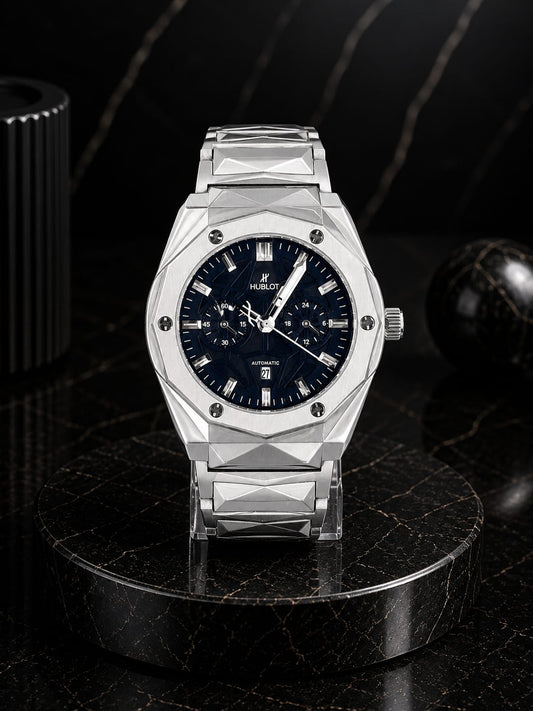 Premium HBLT Semi-Automatic Watch With Silver Chain And Black Dial